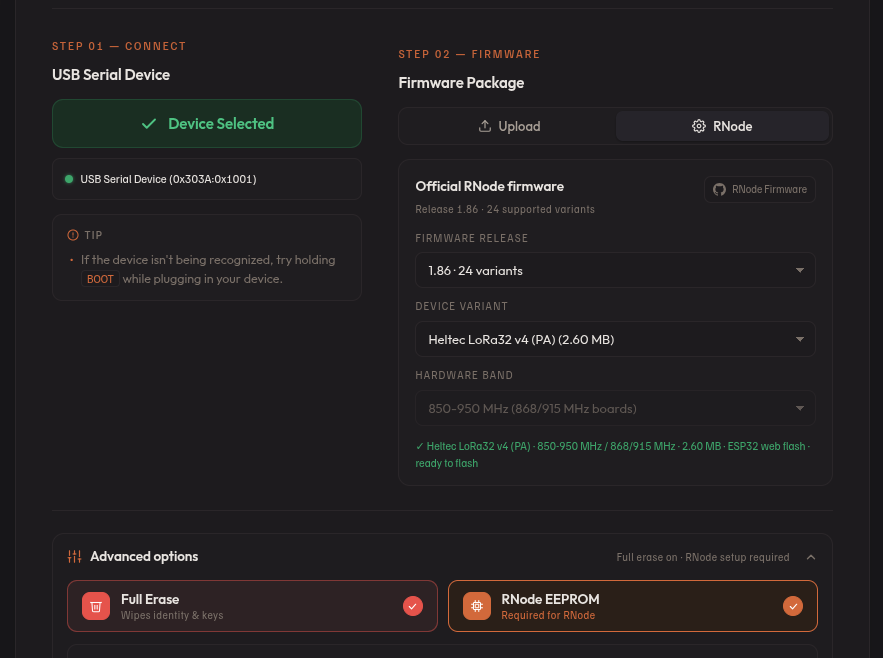 RNode flash options with Device variant and full erase selected